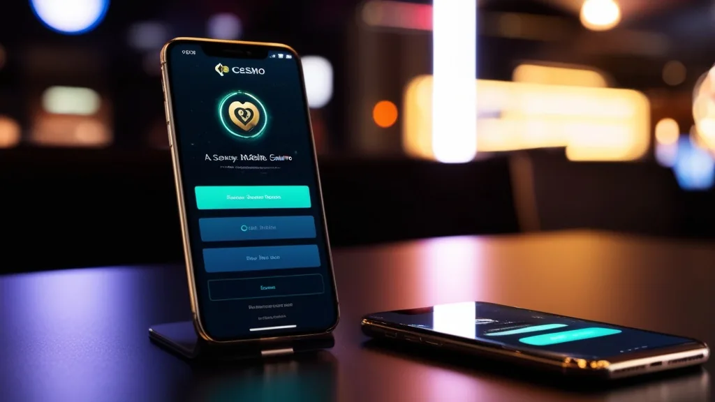 Smartphone affichant un écran de connexion dans une ambiance de casino sombre