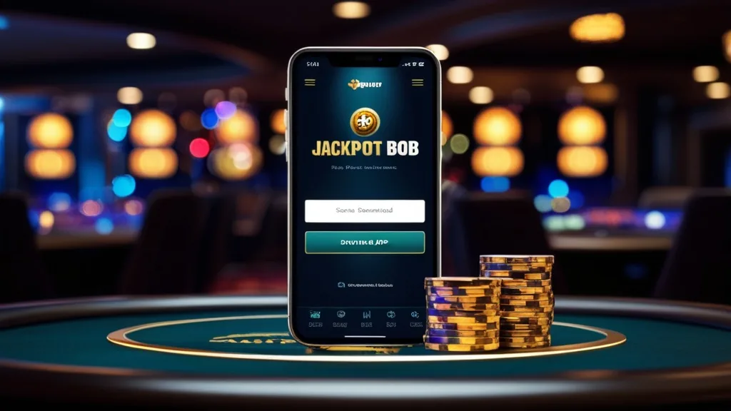 Smartphone affichant un écran de téléchargement dans une ambiance casino sombre