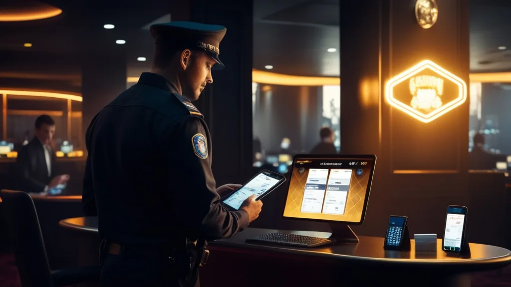 Vérification d’identité avant un retrait dans un décor de casino sombre